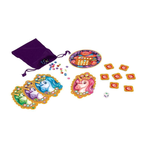 Share & Sparkle Unicorns - Colorful unicorn-themed cards and tokens with a purple drawstring bag and a circular game board for children ages 4-7.