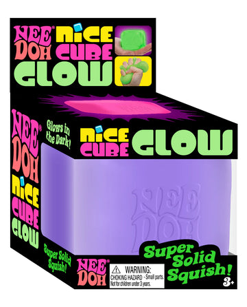 NeeDoh Nice Cube Glow - NeeDoh Nice Cube Glow toy in purple with embossed logo, unique handmade Canadian gift packaging.