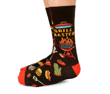 Men's Grill Master Socks - Black men's socks with red heel and toe, featuring colorful grill-themed designs and "Grill Master" text, unique handmade.