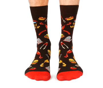 Men's Grill Master Socks - Black and red men's socks with colorful grilling-themed patterns, unique handmade Canadian gift.