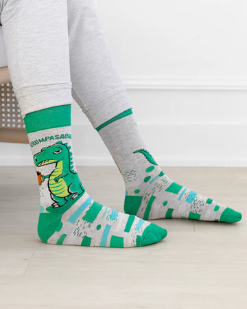 Men's Grumpasarus Socks - Men's handmade Canadian socks with green dinosaur and gray stripes, unique gift idea.
