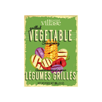Grilled Vegetable Seasoning - Green label of handmade Canadian grilled vegetable seasoning with colorful grilled veggies and gift appeal.