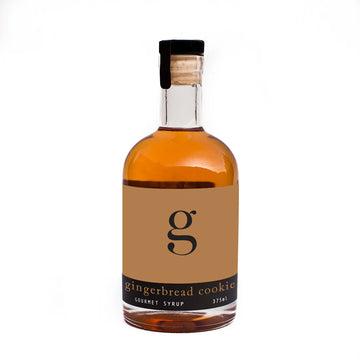 Gingerbread Cookie Gourmet Syrup - Gourmet Inspirations Canadian handmade gingerbread cookie syrup in clear glass bottle, unique gift.
