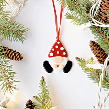 Christmas Gnome Ornament - Handmade Canadian Christmas gnome ornament with red polka-dot hat, unique gift decoration.