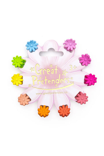 Daisy Delight Mini Hairclips - Colorful handmade mini daisy hairclips in pastel and bright shades on Canadian Great Pretenders card, unique gift accessory.