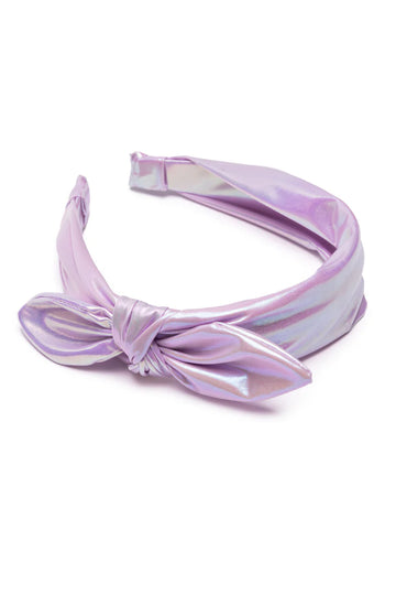 Iridescent Metallic Headband - Iridescent metallic pink headband with a handmade bow, unique Canadian kids' gift accessory.
