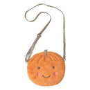 Little Pumpkin Bag - Small round orange plush bag shaped like a pumpkin with a smiley face and a silver adjustable shoulder strap.