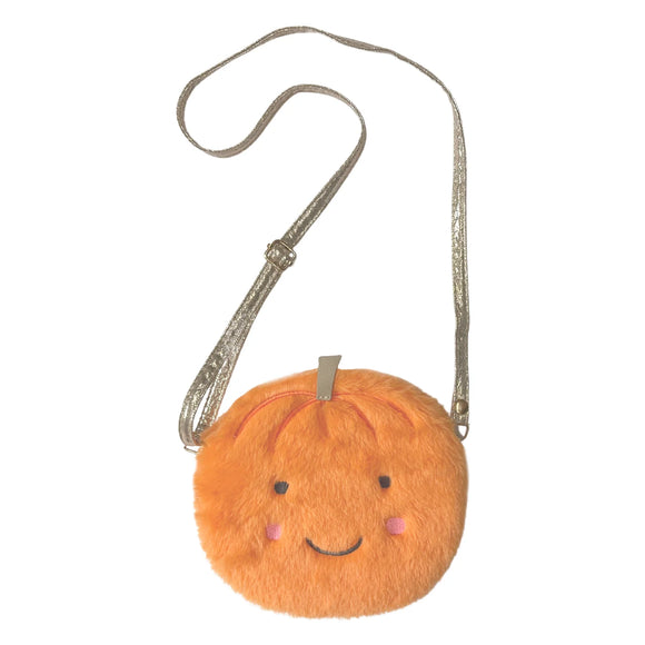 Little Pumpkin Bag - Small round orange plush bag shaped like a pumpkin with a smiley face and a silver adjustable shoulder strap.