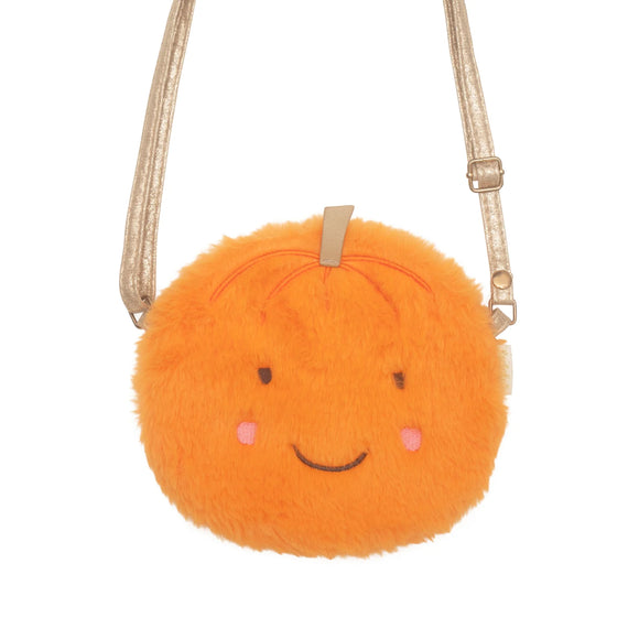 Little Pumpkin Bag - Handmade plush orange pumpkin bag with smiley face and adjustable gold strap, unique Canadian gift.
