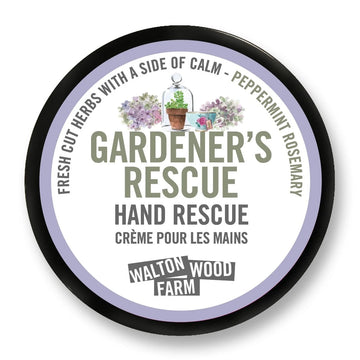 Gardener's Hand Rescue (4oz) - Round black tin of Gardener's Hand Rescue with label highlighting handmade Canadian gift with peppermint rosemary herbs.