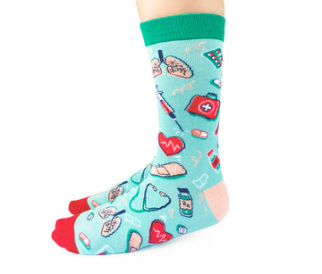 Women's Health Care Socks - Light blue handmade socks with red toes and heels, featuring colorful Canadian health care icons, unique gift idea.