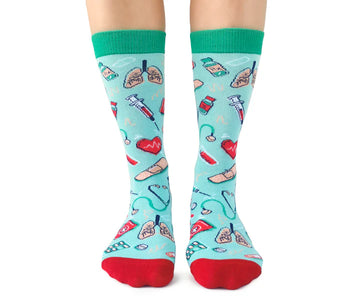 Women's Health Care Socks - Handmade Canadian women's health care socks with teal background and medical-themed patterns, unique gift idea.