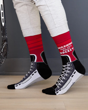 Men's Hockey Talk Socks - Red and black men's hockey-themed socks with puck and skate graphics, unique handmade Canadian gift.
