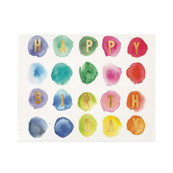 Colour Palette Birthday Card - Handmade Canadian birthday card with colorful watercolor letter balloons spelling Happy Birthday, unique gift design.
