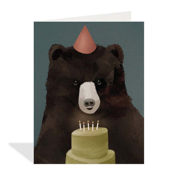 Party Bear Card - Handmade Canadian birthday card with a unique bear wearing a pink party hat and green cake with candles.