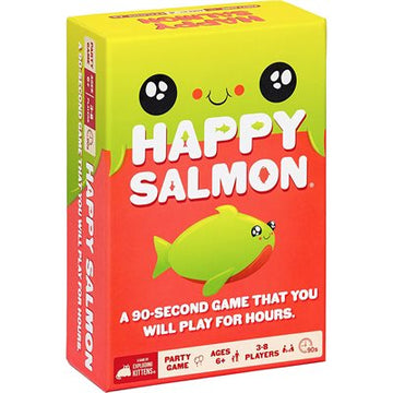 Happy Salmon - Happy Salmon card game box with bright yellow and red design, unique handmade Canadian gift.