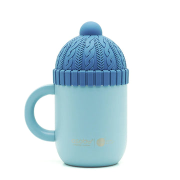 Blue Happy Hats Mug - Light blue ceramic mug with knitted blue silicone lid shaped like a winter hat and rounded handle.