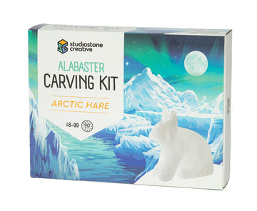 Arctic Hare Alabaster Carving Kit - Arctic Hare alabaster carving kit box with northern lights and snowy mountains, handmade Canadian gift.