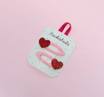 Love Heart Glitter Clips - Pink toddler hair clips with red glitter heart accents on Canadian handmade card gift packaging.