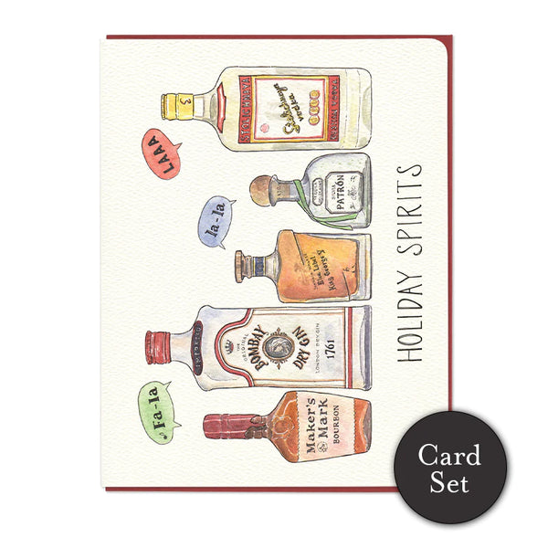 A white card with bourbon, gin, scotch, tequila and vodka lined up with speech bubbles reading 