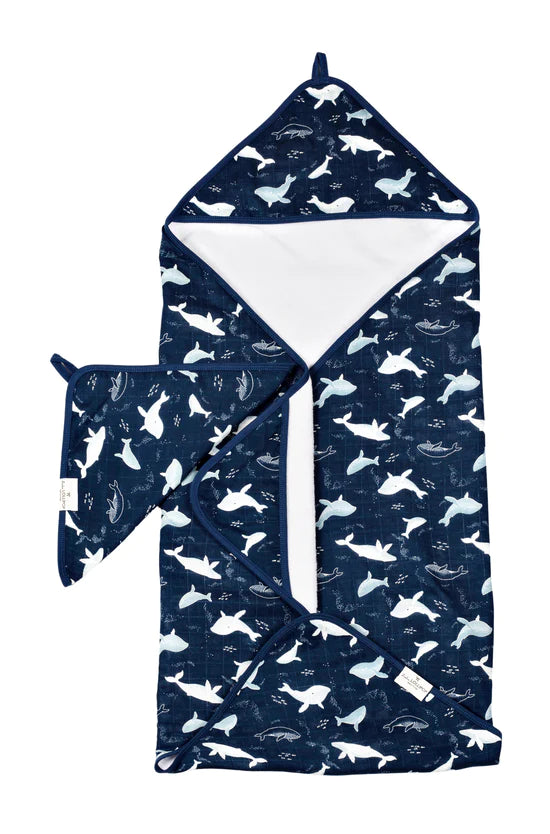 Loulou Lollipop Hooded Towel Set (Whales)