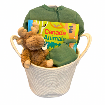 New Baby Boy Gift Basket - Moose - Handmade Canadian baby gift basket with green romper, plush moose toy, and Canada Animals board book.