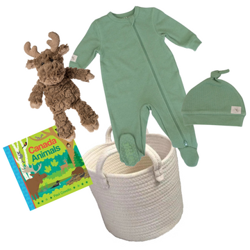 New Baby Boy Gift Basket - Moose - Handmade Canadian baby gift basket with green sleeper, plush moose toy, Canada animals board book, and woven storage basket.