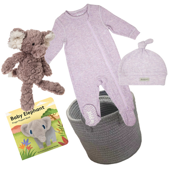 New Baby Girl Gift Basket - purple - Purple handmade baby gift basket with sleeper, hat, knitted elephant, and baby book.