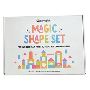 Magic Shape Set - Soft Foam Magnetic Shapes | Cherrypick - White box with colorful letters reading Magic Shape Set, featuring illustrations of various geometric foam magnetic shapes.