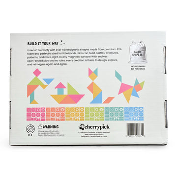 Magic Shape Set - Soft Foam Magnetic Shapes | Cherrypick - Rectangular white box with colorful geometric shapes in pink, orange, yellow, blue; includes magnetic foam shapes and brand.