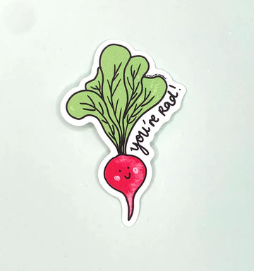You're Rad Vinyl Sticker - Handmade Canadian radish vinyl sticker with "You're Rad" text, unique gift accessory.