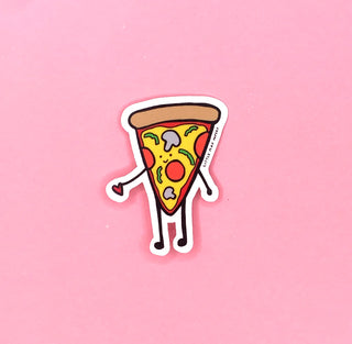 A sticker shaped like a pizza with stick legs and arms holding a heart.