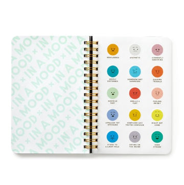 In a Mood Sticker Book - Spiral-bound sticker book with colorful mood face icons on right page and teal "In a Mood" text pattern on left, unique.