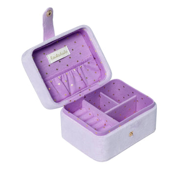 Unicorn Jewellery Box - Handmade Canadian unicorn jewelry box in soft lavender velvet with gold polka dots, unique gift design.
