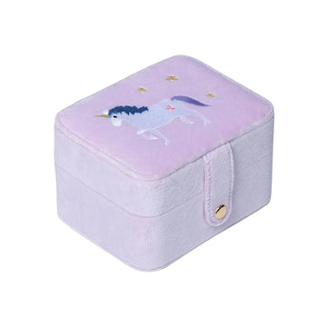 Unicorn Jewellery Box - Lilac velvet unicorn jewelry box with embroidered unicorn and gold star details, handmade Canadian gift.