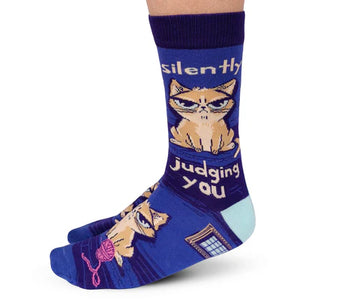 Women's Judging You Socks - Purple and blue handmade women's socks featuring a judging cat and "Silently judging you" text, unique Canadian gift.