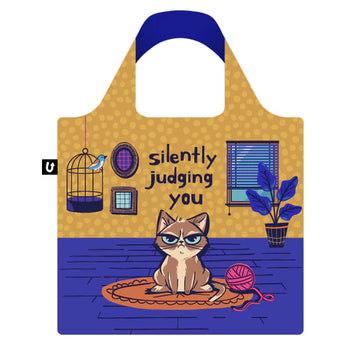 Judging You Tote Bag - Yellow and blue handmade Canadian tote bag with a cat, birdcage, plant, and "silently judging you" text, unique gift.