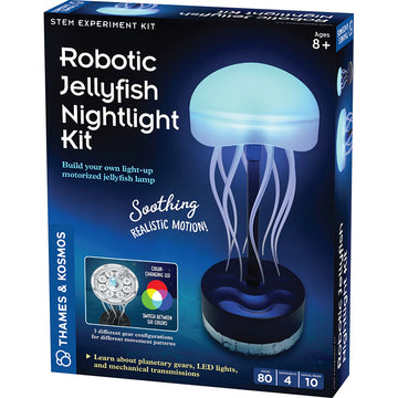 Robotic Jellyfish Nightlight Kit - Robotic jellyfish nightlight kit box featuring glowing blue jellyfish with motorized tentacles, unique Canadian STEM gift.