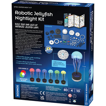 Robotic Jellyfish Nightlight Kit - Blue and black box featuring Robotic Jellyfish Nightlight Kit with components and colorful jellyfish lamp examples on a dark