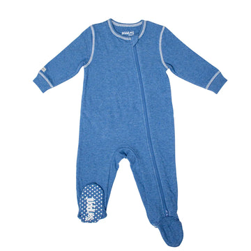 Breathe EZE Collection - Baby Footed Two-Way Zipper Sleeper - Denim fleck baby footed two-way zipper sleeper with grip soles, handmade Canadian gift.