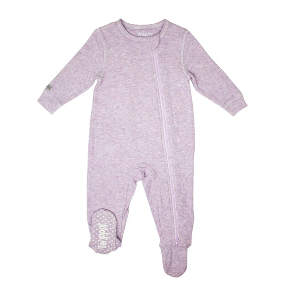 Breathe EZE Collection - Baby Footed Two-Way Zipper Sleeper - Light purple baby footed sleeper with long sleeves and a diagonal zipper closure, soft knit fabric.
