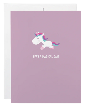 Unicorn Birthday Card - Pastel purple birthday card with a cute flying unicorn and "Have a Magical Day!" text, unique handmade Canadian gift.