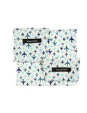2 different sized baggies with planes of 3 different blue shades arranged in a uniform pattern