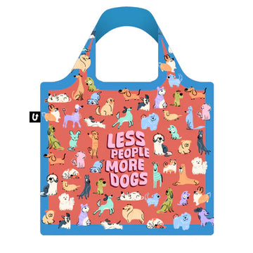 More Dogs Tote Bag - Coral reusable tote bag with colorful dog illustrations and "Less People More Dogs" text, unique handmade Canadian gift.
