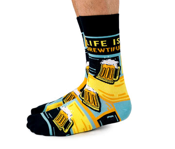 Men's Life is Brewtiful Socks - Men's black, yellow, and blue handmade socks with beer mugs and "Life is Brewtiful" text, unique Canadian gift.