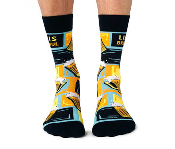 Men's Life is Brewtiful Socks - Men's colorful socks featuring "Life is Brewtiful" text, unique handmade Canadian gift design.