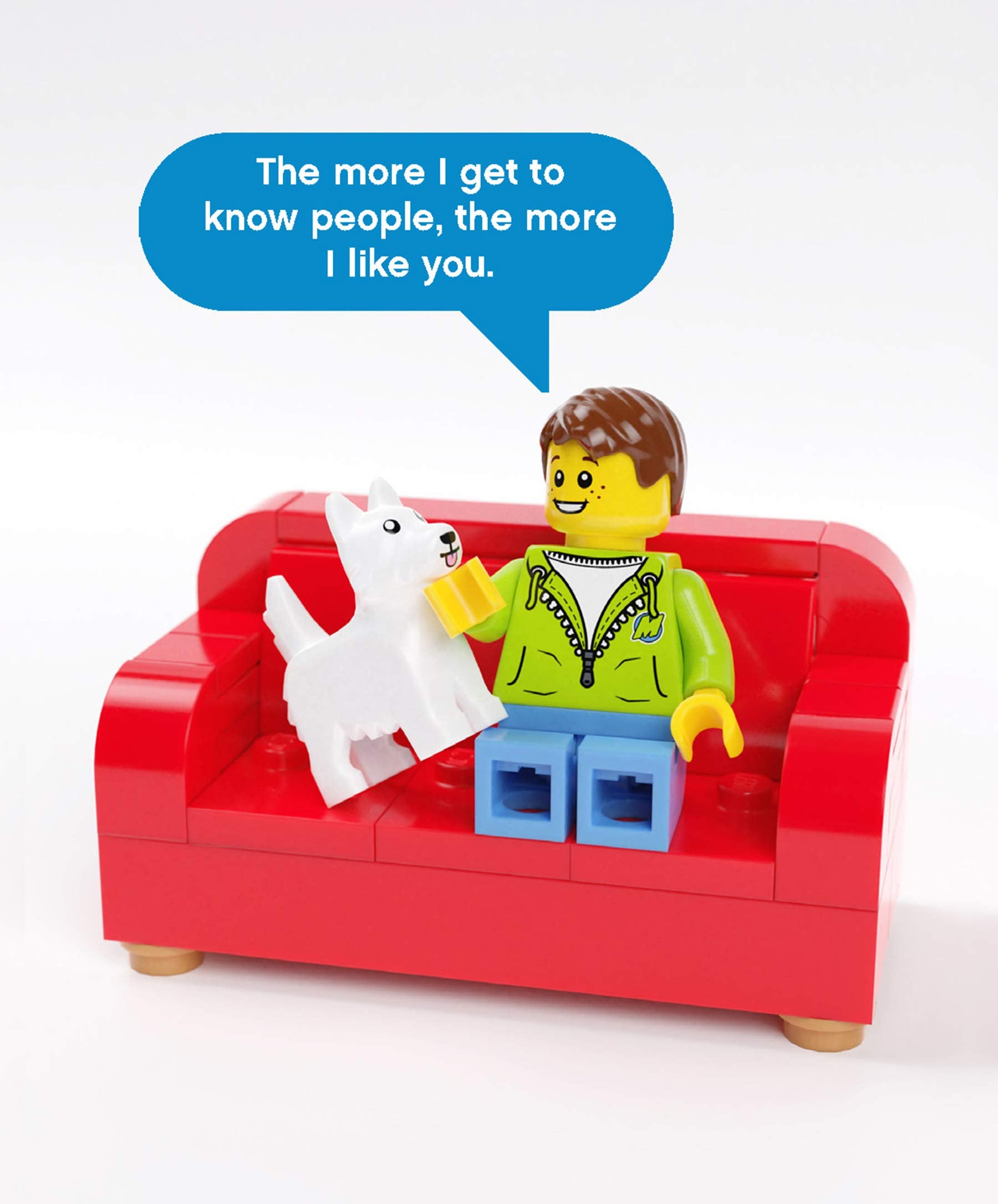 A notecard with a LEGO person sitting on a couch beside a white LEGO dog and saying "The more I get to know people, the more I like you"