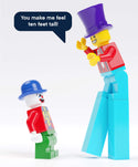A notecard with a LEGO clown and a tall LEGO person saying 