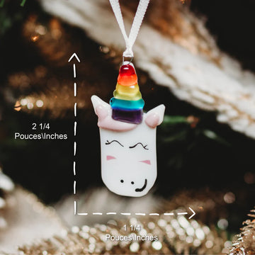 Unicorn Glass Ornament - Handmade Canadian glass unicorn ornament with colorful rainbow horn, unique holiday gift.