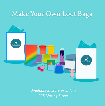 Ready Made Loot Bags! - Two white Canadian Craft brand gift bags with blue logos, colorful modeling clay containers, and small craft accessories on.